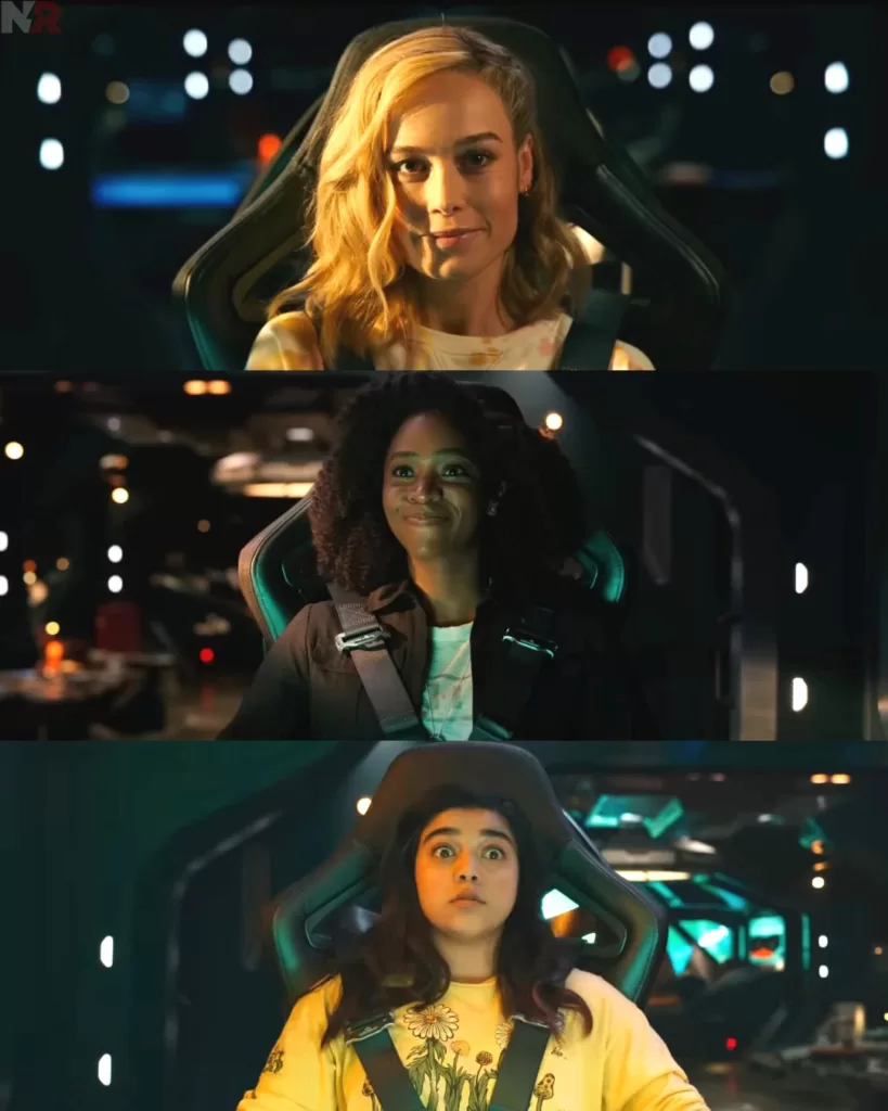 Brie Larson, Teyonah Parris, and Iman Vellani on a spaceship in 'The Marvels' | Agents of Fandom