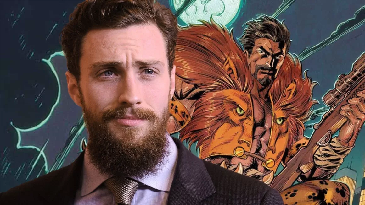 Aaron Taylor-Johnson seen in front of an illustration of Kraven the Hunter