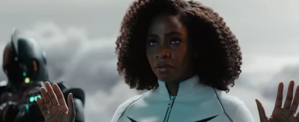 Teyonah Parris as Monica Rambeau raising her hands in a scene in The Marvels | Agents of Fandom