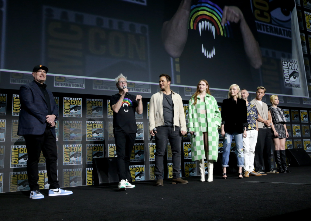 Kevin Feige, James Gunn, and the cast of Guardians of the Galaxy Vol. 3 standing together at San Diego Comic-Con| Guardians of the Galaxy Vol. 3 Press Conference | Agents of Fandom