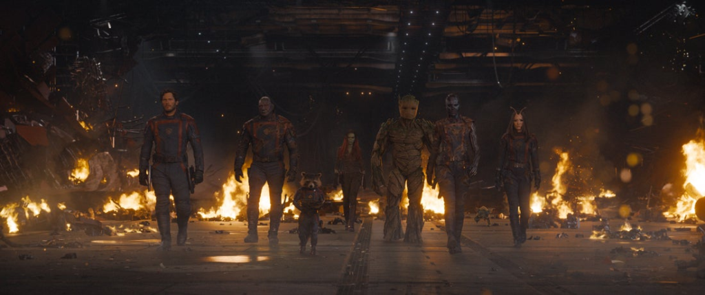 (Left to right): Chris Pratt as Peter Quill/Star-Lord, Dave Bautista as Drax, Rocket (voiced by Bradley Cooper), Zoe Saldana as Gamora, Groot (voiced by Vin Diesel), Karen Gillan as Nebula, and Pom Klementieff as Mantis in Guardians of the Galaxy Vol. 3. | Agents of Fandom