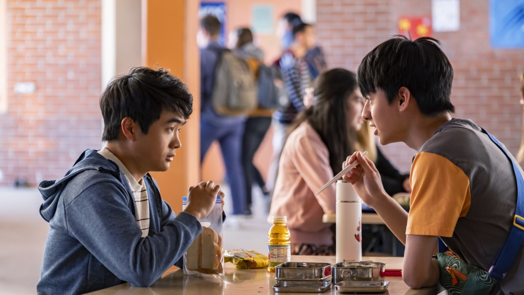 Jin Wang (Ben Wang) and Wei-Chen (Jimmy Liu) having lunch together at Sierra Mona High School in American Born Chinese | Agents of Fandom
