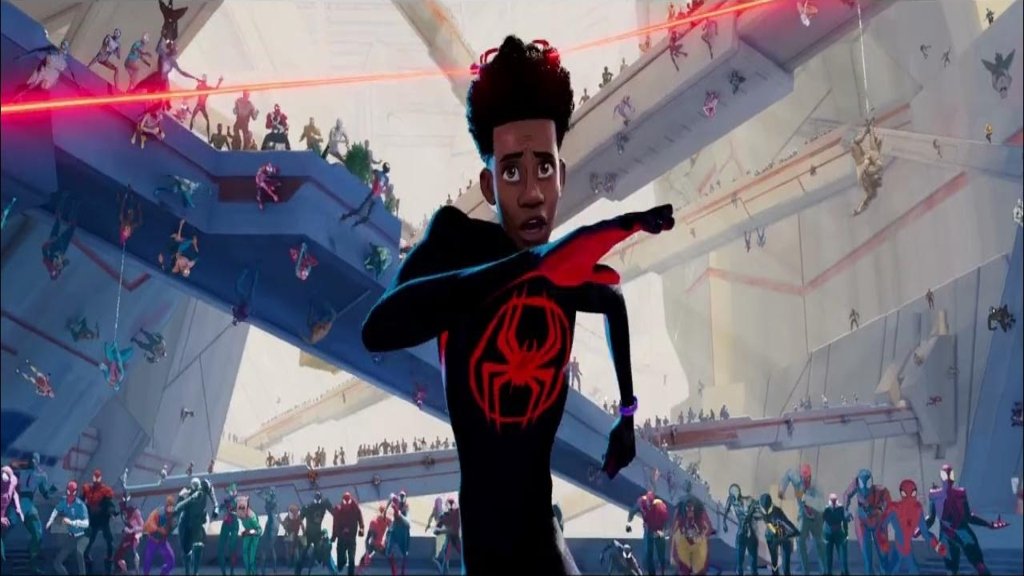 Miles Morales (Shameik Moore) narrowly escapes the Spider-Society in Spider-Man: Across the Spider-Verse | Agents of Fandom