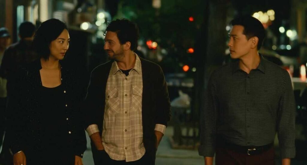 Nora (Greta Lee, left), Arthur (John Magaro, center), and Hae Sung (Teo Yoo, right) explore New York City at night. I Agents of Fandom