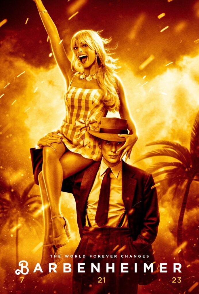 Margot Robbie's Barbie on Cillian Murphy's Oppenheimer's shoulders in front of an exploding beach | Agents of Fandom