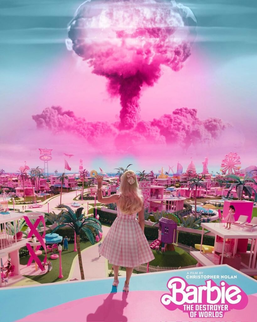 Margot Robbie saying goodbye to barbie world with a pink mushroom cloud in the sky | Agents of Fandom