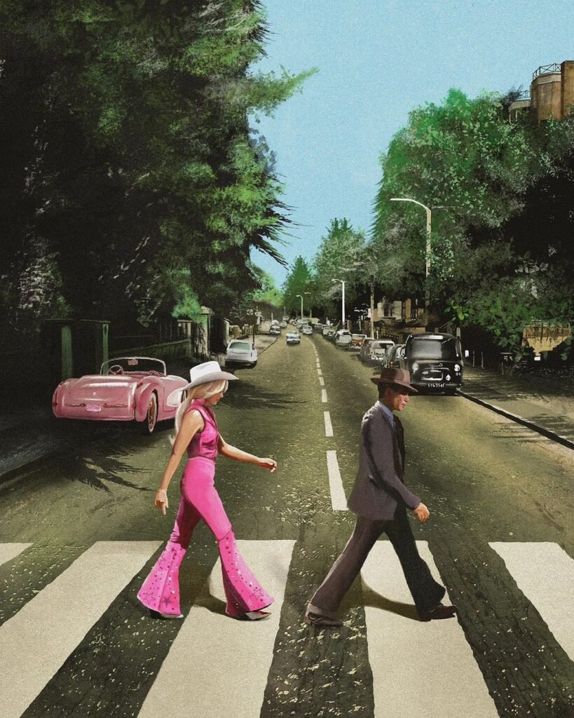 Barbie and Oppenheimer walking across the iconic abbey road | Agents of Fandom