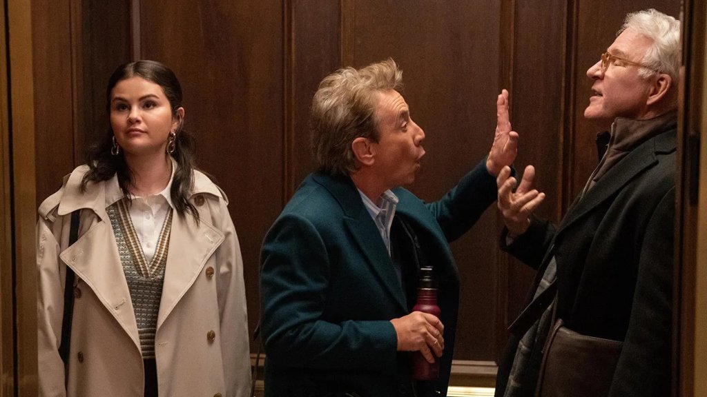 Mabel (Selena Gomez), Oliver (Martin Short) and Charles (Steve Martin) in Only Murders in the Building season 3. Image credit: Hulu | Agents of Fandom