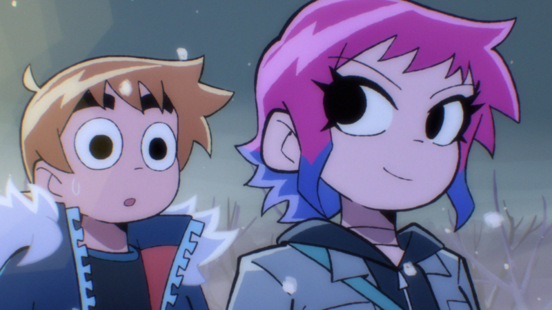 The Scott Pilgrim Netflix Series, 'Scott Pilgrim Takes Off,' features Scott (left, voiced by Michael Cera) and Ramona Flowers (right, voiced by Mary Elizabeth Winstead) | Agents of Fandom