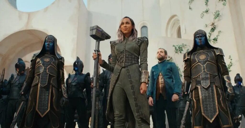 Zawe Ashton as Darr-Benn with the Kree troopers on Aladna in The Marvels | Agents of Fandom