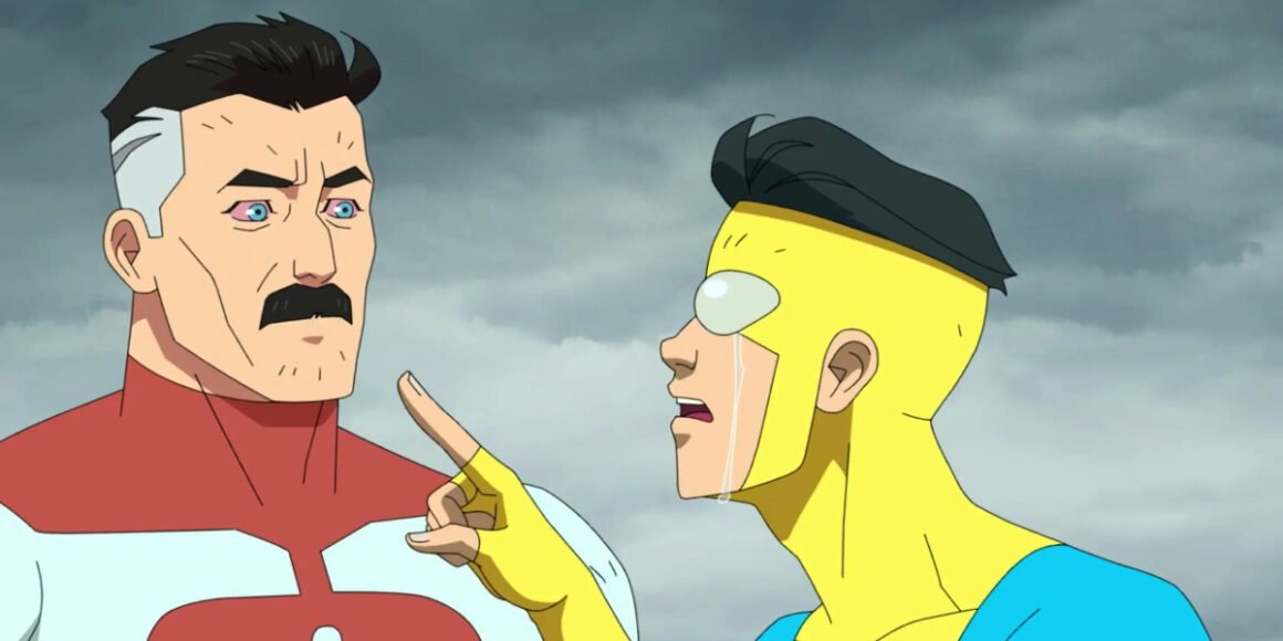 Steven Yeun as Invincible pointing at J.K. Simmons as Omni Man | Agents of Fandom