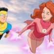 Steven Yeun as Invincible and Gillian Jacobs as Atom Eve flying together in the sky | Agents of Fandom