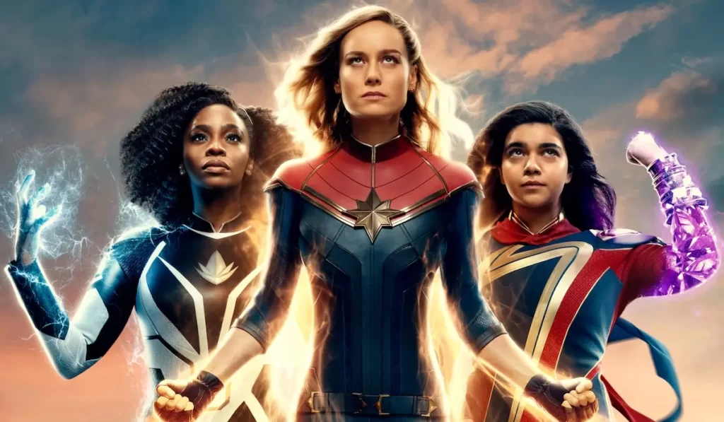 Teyonah Parris as Monica Rambeau, Brie Larson as Carol Danvers/Captain Marvel, and Iman Vellani as Kamala Khan/Ms. Marvel in 'The Marvels' | Agents of Fandom