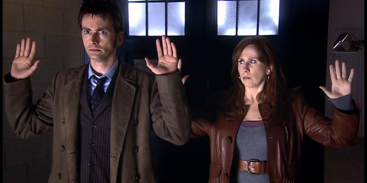 David Tennant as Doctor Who and Catherine Tate as Donna Noble hold their hands in the air in Doctor Who | Agents of Fandom