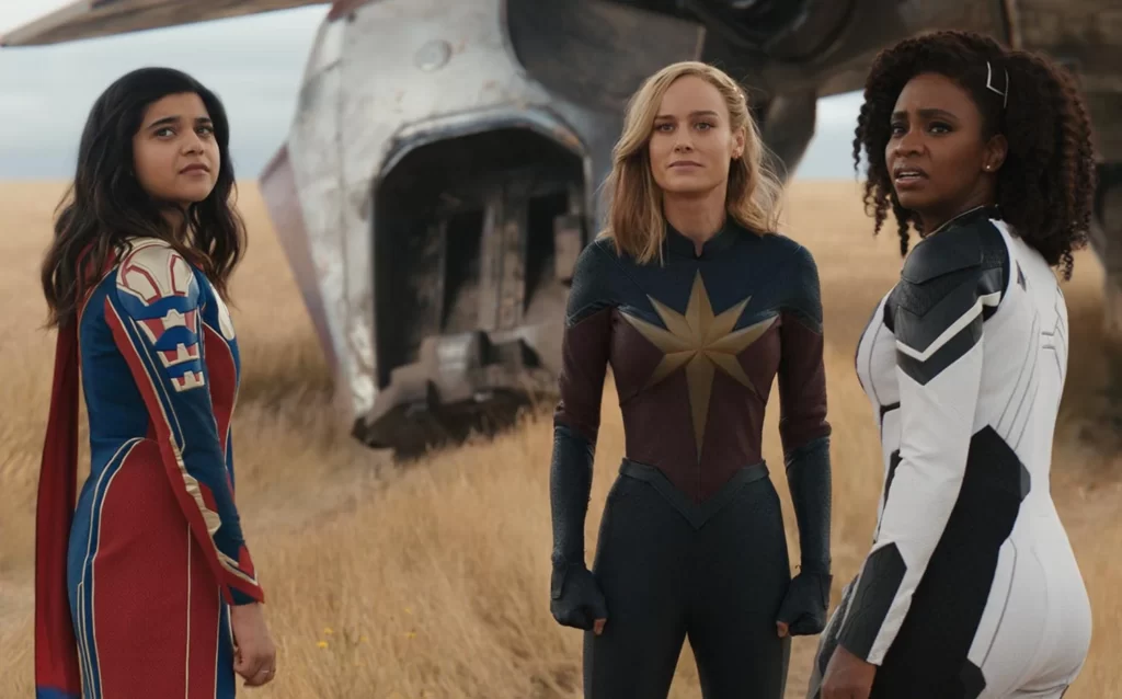 Teyonah Parris as Monica Rambeau, Brie Larson as Carol Danvers/Captain Marvel, and Iman Vellani as Kamala Khan/Ms. Marvel in 'The Marvels' | Agents of Fandom