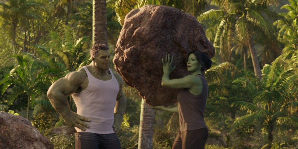 She-Hulk lifts a massive boulder as Smart Hulk watches on in the MCU Disney+ series 'She-Hulk: Attorney at Law' | Agents of Fandom