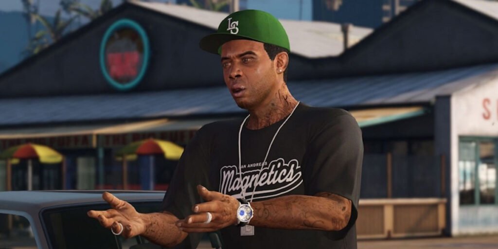 Lamar Davis, voiced by Gerald Johnson, holding out his hands in front of a restaurant in GTA 5 | Agents of Fandom
