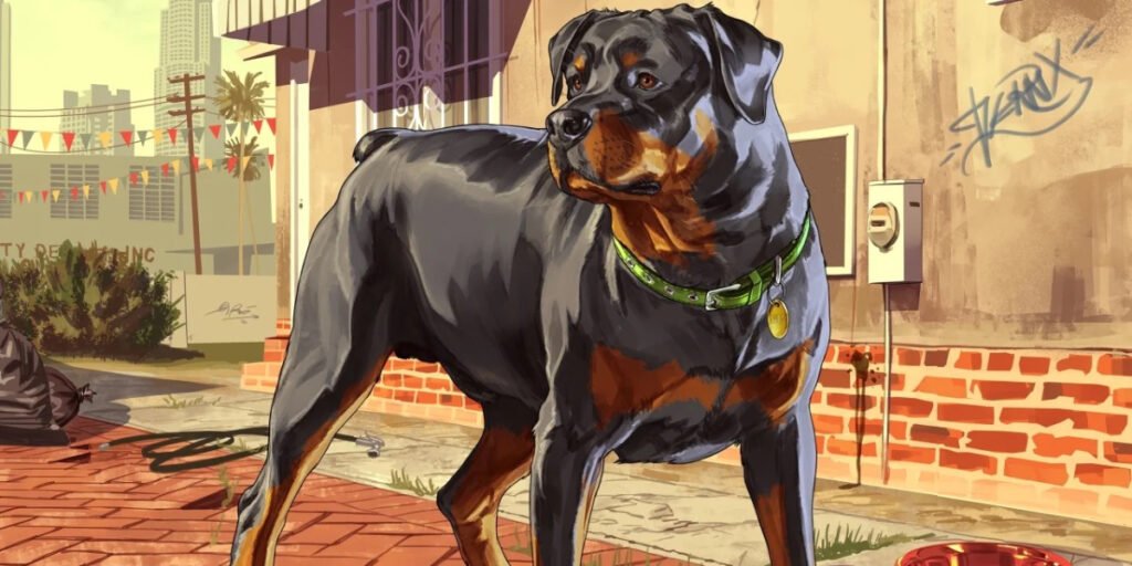 The dog Chop standing on the sidewalk as one of the best GTA characters in Grand Theft Auto V | Agents of Fandom