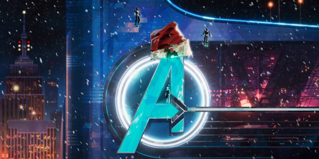 The Avengers logo at Avengers Tower with a Santa hat on top of it in What If...? Season 2, Episode 3 | Agents of Fandom