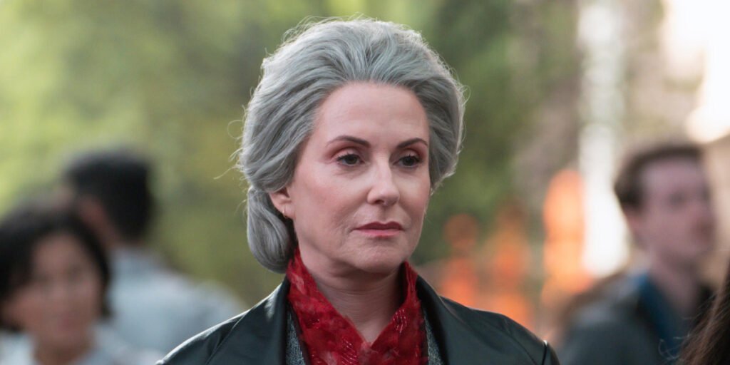 Megan Mullally as Mrs. Dodds eyes Percy with malice outside The Met in 'Percy Jackson and the Olympians' | Agents of Fandom 