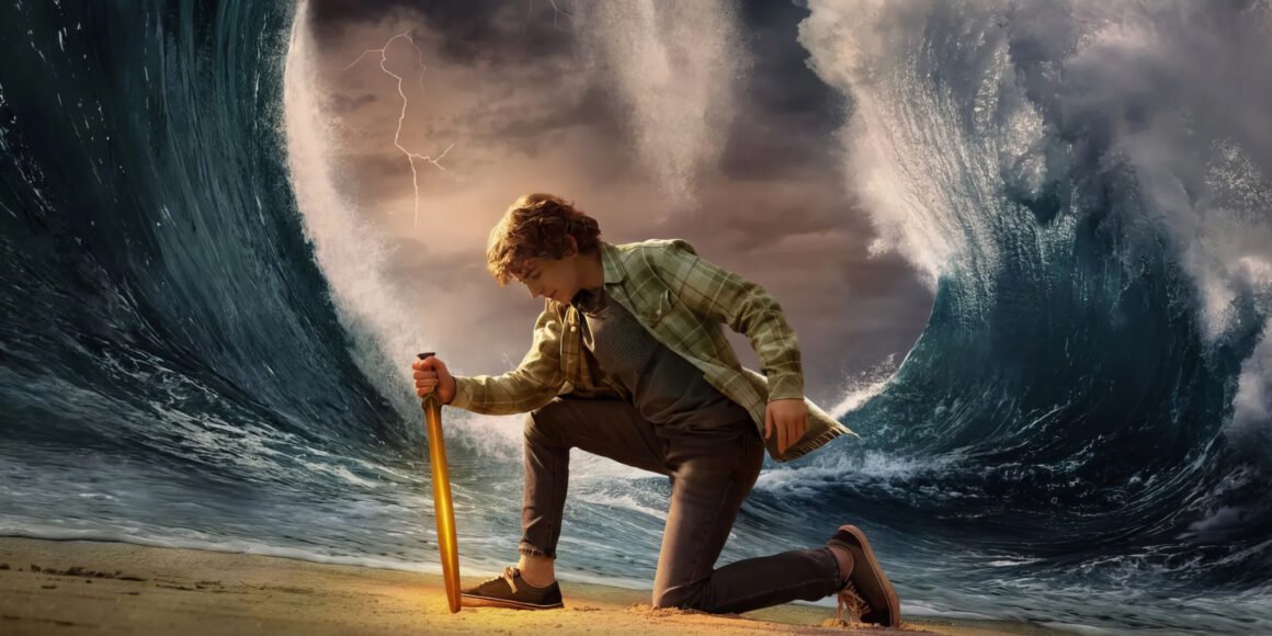 Percy Jackson kneels with his sword Riptide with massive tidal waves in the background | Agents of Fandom