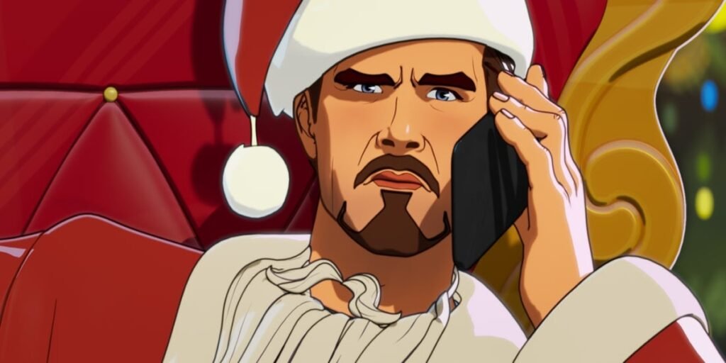 Tony Stark talking on a cell phone dressed like Santa Claus in What If...?'s Season 2 Episode 3 | Agents of Fandom