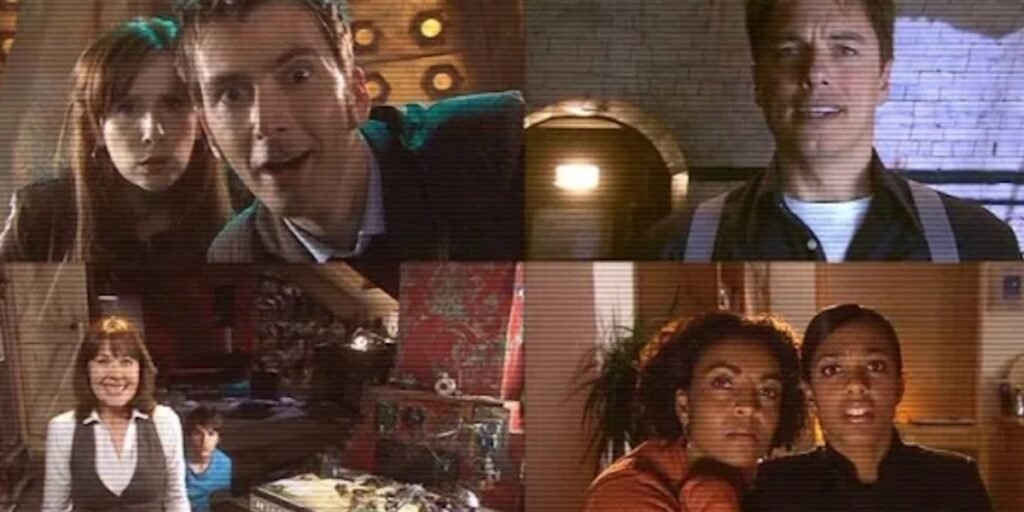 A video call between David Tennant's Doctor his previous companions in the two part Doctor Who Episode "The Stolen Earth"/"Journey's End" | Agents of Fandom