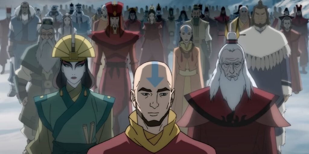 Avatar's Roku, Kyoshi, and Aang in front of myriad other Avatars in the Avatar: The Last Airbender universe | Agents of Fandom