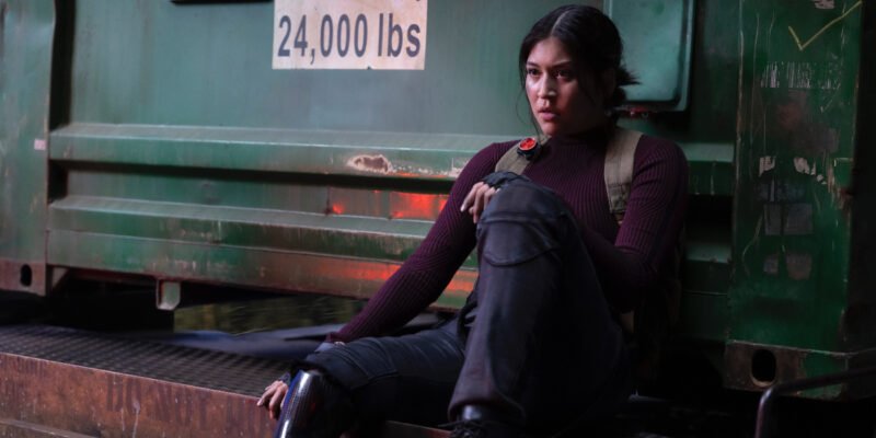 Alaqua Cox as Maya Lopez sitting on the back of a train car in Echo Episode 2 | Agents of Fandom