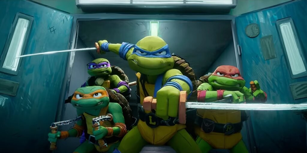 Donatello, Michelangelo, Leonardo, and Raphael break into a warehouse of enemies in Teenage Mutant Ninja Turtles: Mutant Mayhem | Agents of Fandom