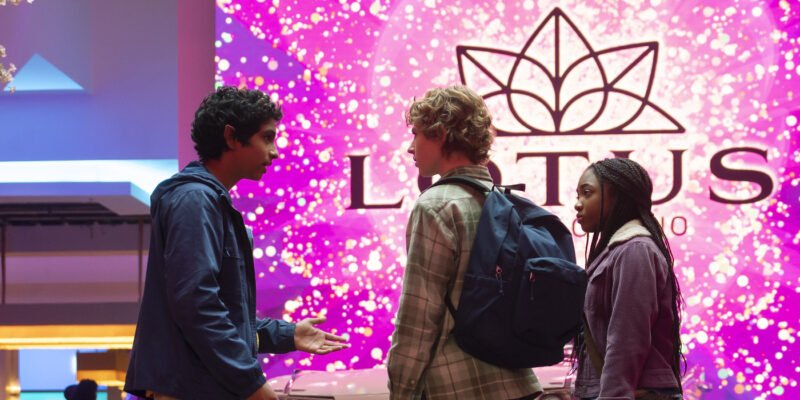 Grover (Aryan Simhidri), Percy (walker Scobell) and Annabeth (Leah Jeffries) meet in the Lotus hotel lobby in Percy Jackson and the Olympians | Agents of Fandom
