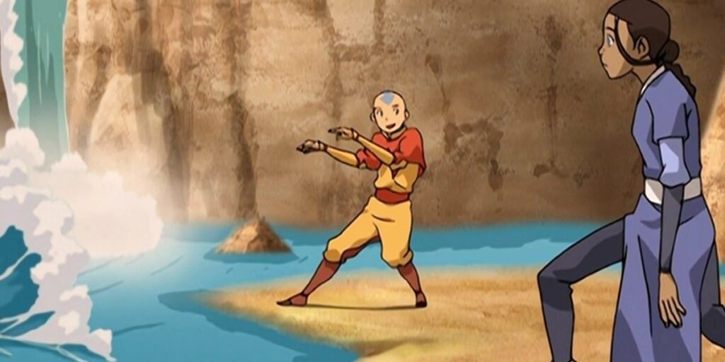 Aang and Katara practicing waterbending together, with Aang showing off his latest move. | Agents of Fandom