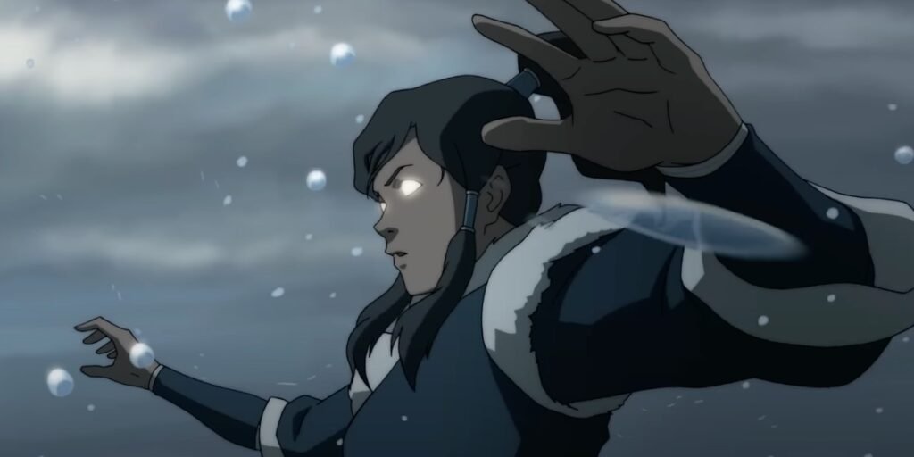 Korra elevates above a cliff with water droplets around her after unlocking the Avatar State for the first time in The Legend of Korra | Agents of Fandom