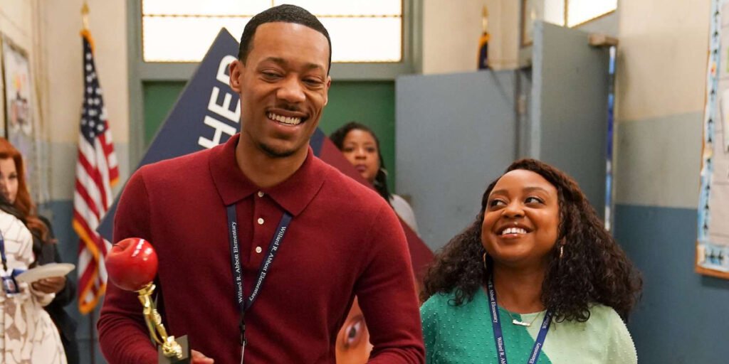 Quinta Brunson as Janine Teagues and Tyler James Willias as Gregory Eddie walking down the hallway in ABC's Abbott Elementary | Agents of Fandom