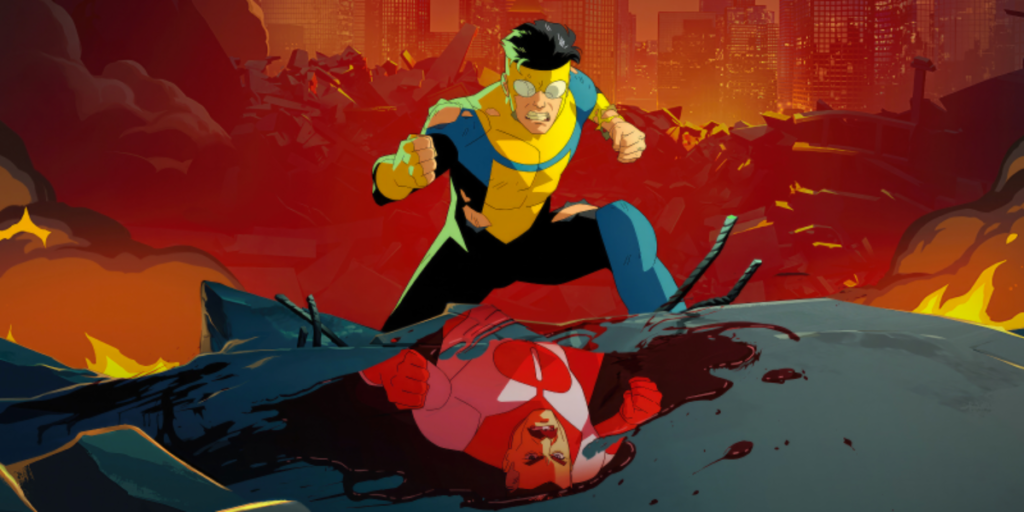 Promo material for Invincible Season 2 showing Mark in battle with the reflection of Omni-Man in a pool of blood | Agents Of Fandom