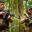 Liam Hemsworth and Luke Hemsworth walking in the jungle with their guns in Land of Bad | Agents of Fandom