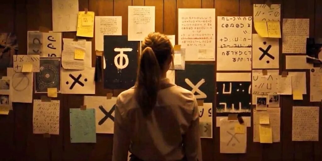 Maika Monroe looking at a conspiracy board in Longlegs | 2024 horror movies | Agents of Fandom
