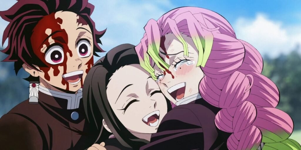 Tanjiro, Nezuko, and Mitsuri embrace one another as they're happy to see Nezuko out in the sun in Demon Slayer: To the Hashira Training | Agents of Fandom