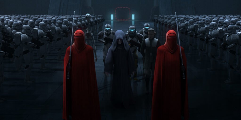 Emperor Palpatine surrounded by two royal guards, Dr. Hemlock, Nala Se, and a mass amount of clone troopers in The Bad Batch Season 3 | Agents of Fandom