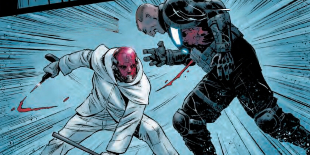 Art by Dave Watcher of Punisher and Jigsaw engaged in battle with Punisher getting stabbed in Punisher #4 | Agents Of Fandom