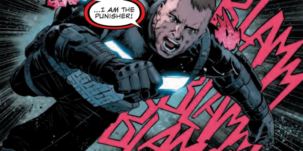 Art by Dave Watcher of Joe Garrison jumping at the reader proclaiming himself as The Punisher in Punisher #4 | Agents Of Fandom