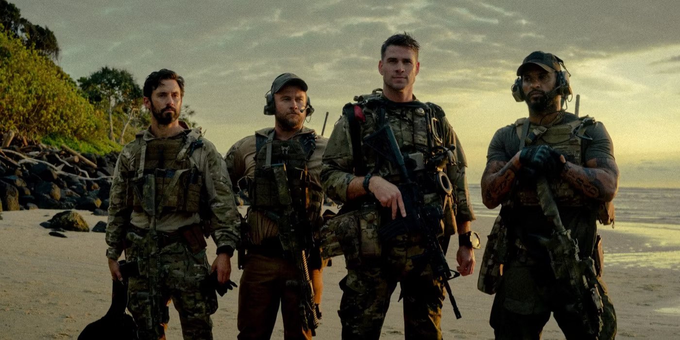 The cast of land of bad with military uniforms and rifles standing on a beach | Agents of Fandom