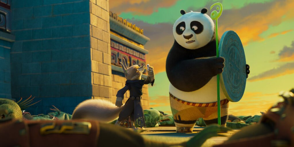 Awkwafina's Zheng yells at Jack Black's Po, who's holding a sewer cover and the staff of wisdom in Kung Fu Panda 4 | Agents of Fandom