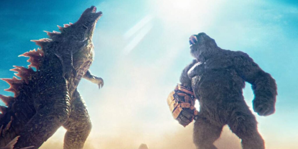 Godzilla and Kong standing outside under the sun roaring up at the sky in Godzilla X Kong: The New Empire | Agents of Fandom