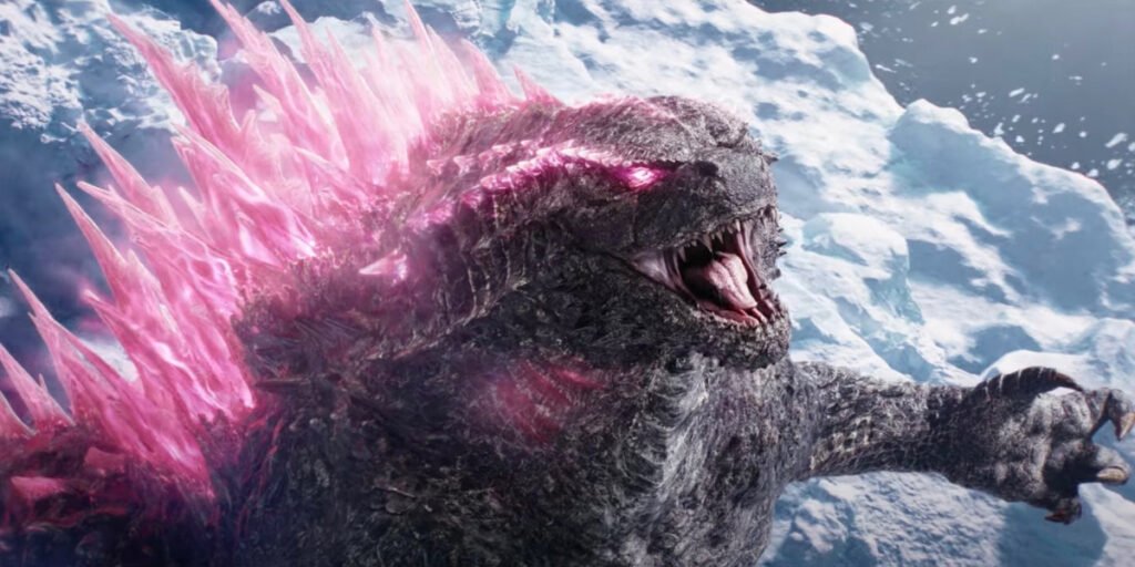 Godzilla glowing pink roaring in the Arctic Ocean in Godzilla X Kong: The New Empire | Agents of Fandom