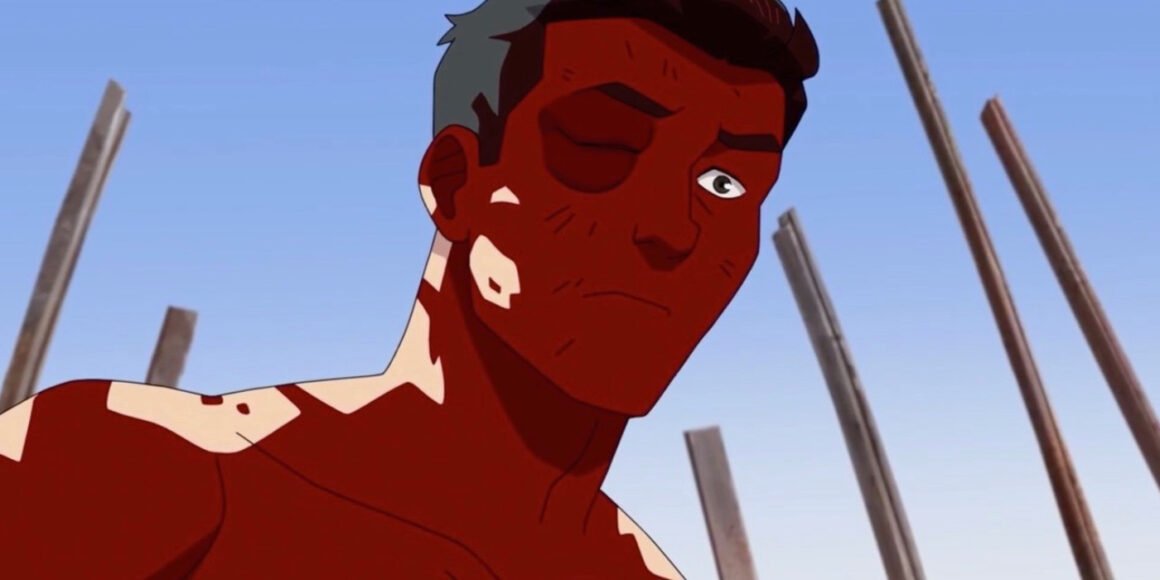 A close up still of Mark Grayson with a battered right eye covered in blood in the Invincible Season 2 finale