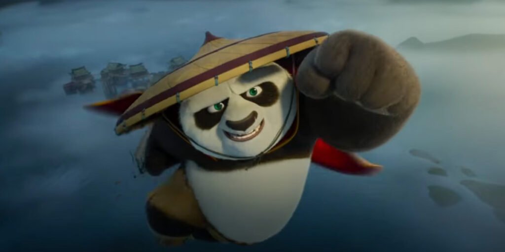 Jack Black as Po flying up towards the sky in Kung Fu Panda 4 | Agents of Fandom