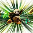 The main characters of Kung Fu Panda 4 leaping toward the camera with green stripes in the background | Agents of Fandom