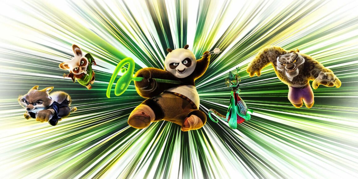 The main characters of Kung Fu Panda 4 leaping toward the camera with green stripes in the background | Agents of Fandom