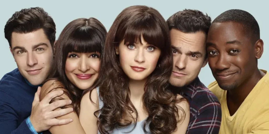 Jess and her roommates are in a huge hugging embrace together they make up the cast of “New Girl” | Agents of Fandom